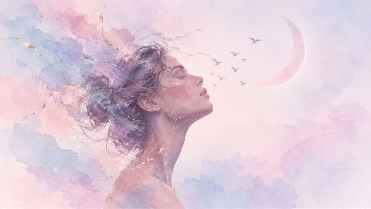 Watercolour portrait of a woman looking toward a crescent moon, birds rising from her hair